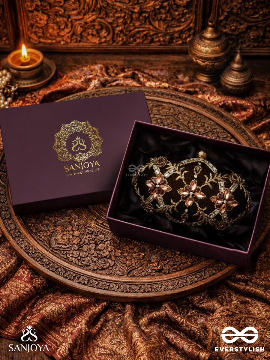 Rohini – Polished Bronze Brown Textile Clutch With Faceted Jewel Accents And Golden Metal Frame
