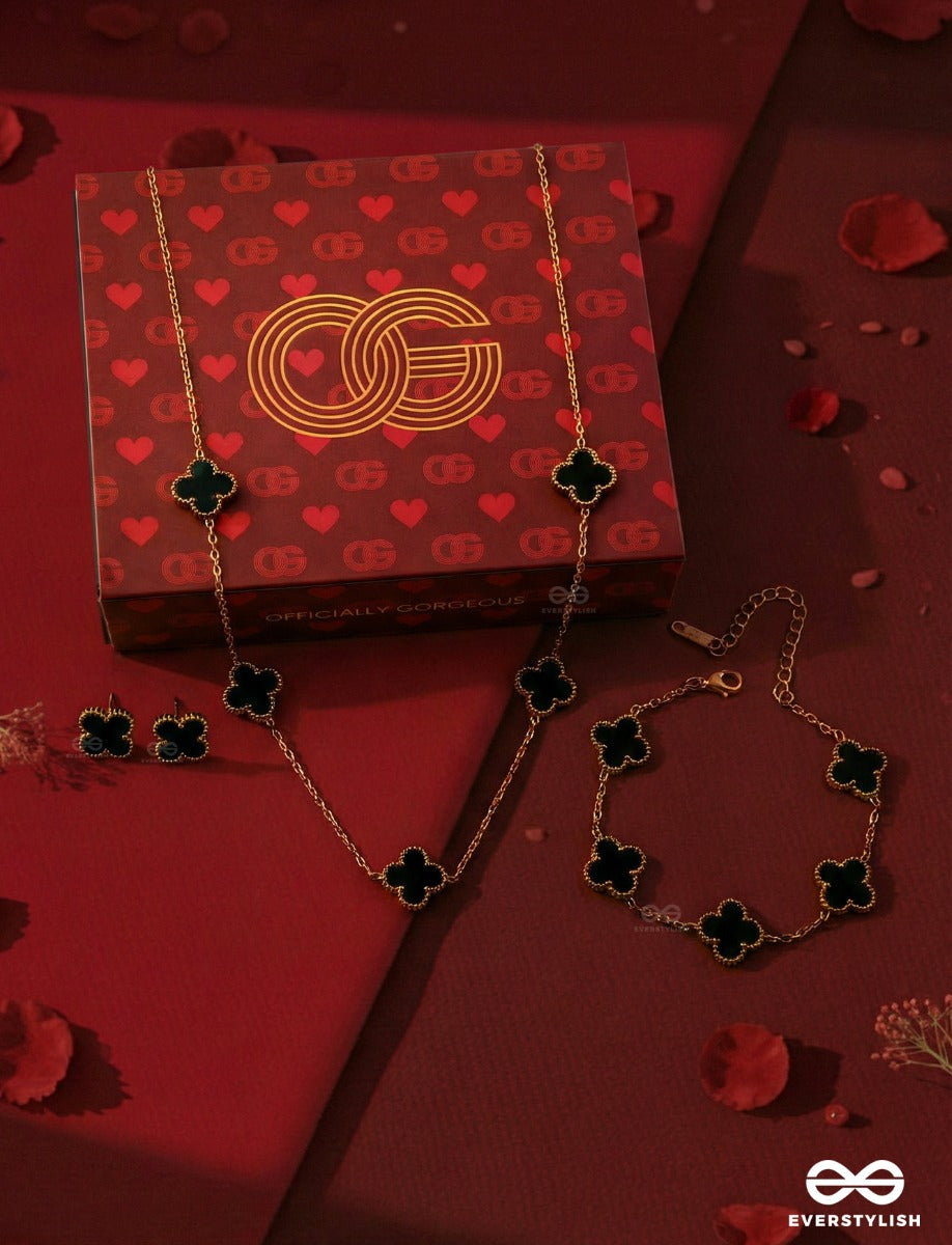 Officially Gorgeous - Midnight Bloom – Stainless Steel 18K Gold Plated Clover Jewellery Set