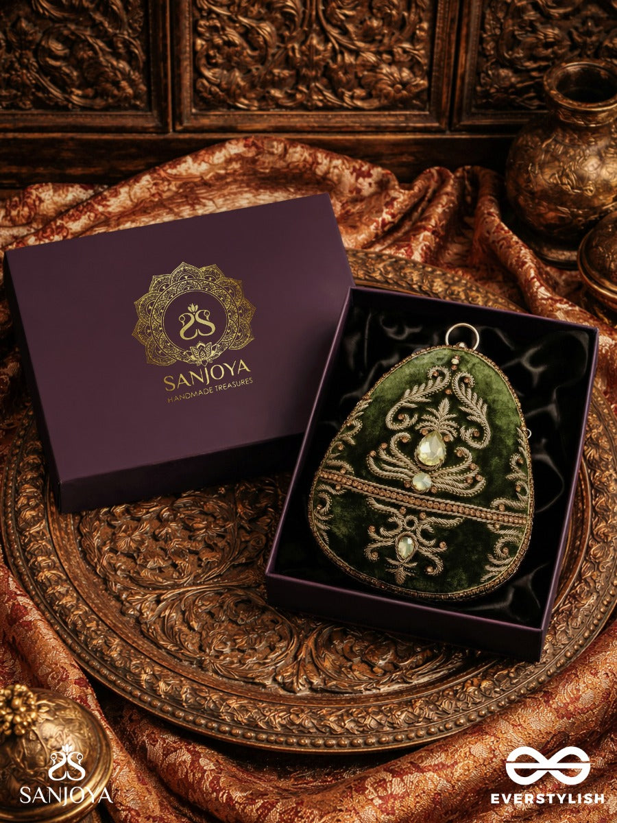 Sabreen - Oval Deep Olive Green Velvet Handle Clutch With Rich Hand Detailing And Golden Metal Frame