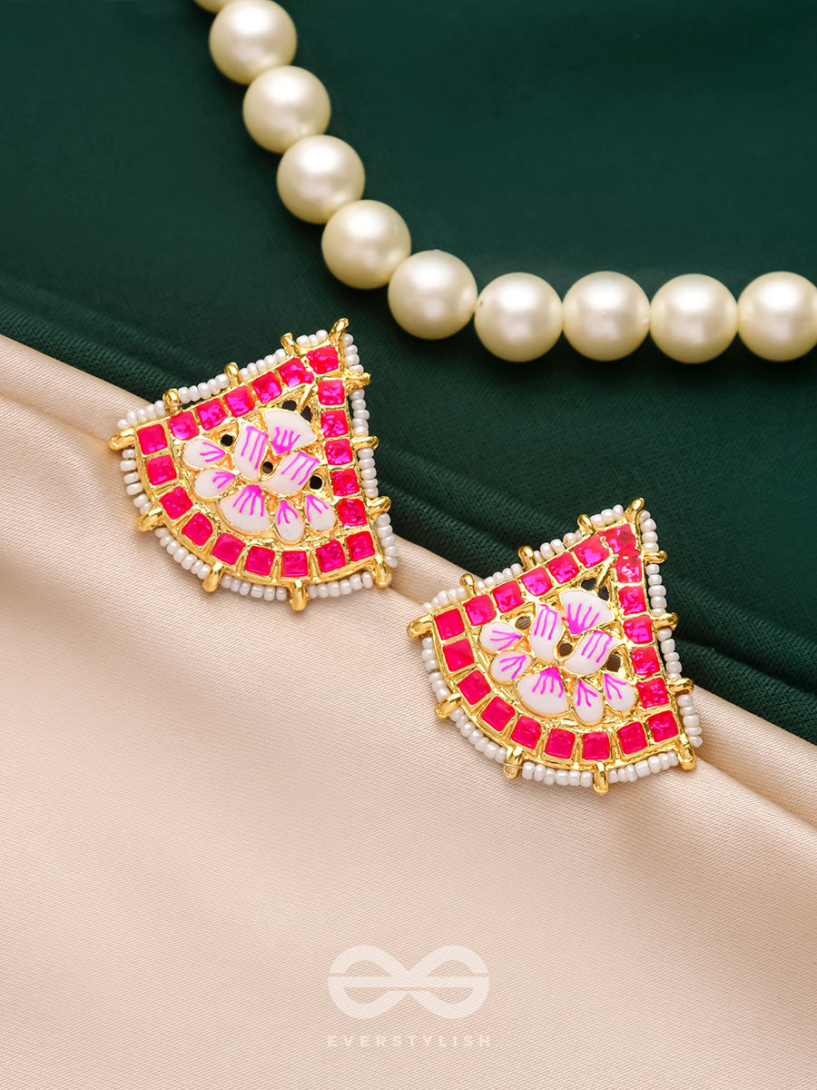 The Lotus Temple- Enamelled Statement Stud Earrings (Rose Pink)