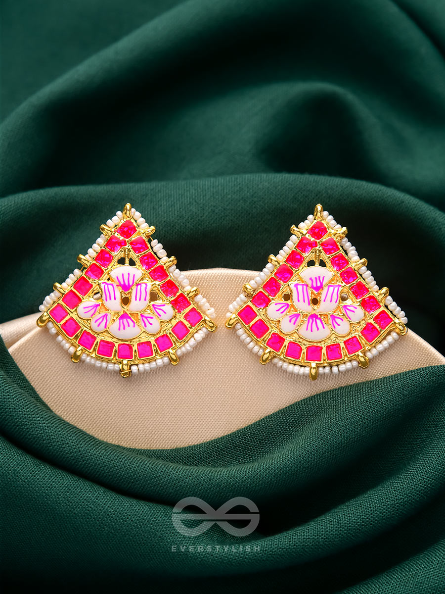 The Lotus Temple- Enamelled Statement Stud Earrings (Rose Pink)