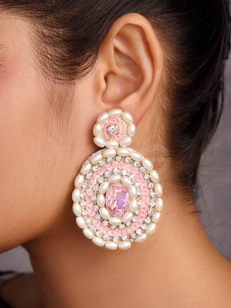 Pratibimb- The Resplendent Reflection- Stone, Pearls And Sequins Embroidered Earrings (Blush Pink)