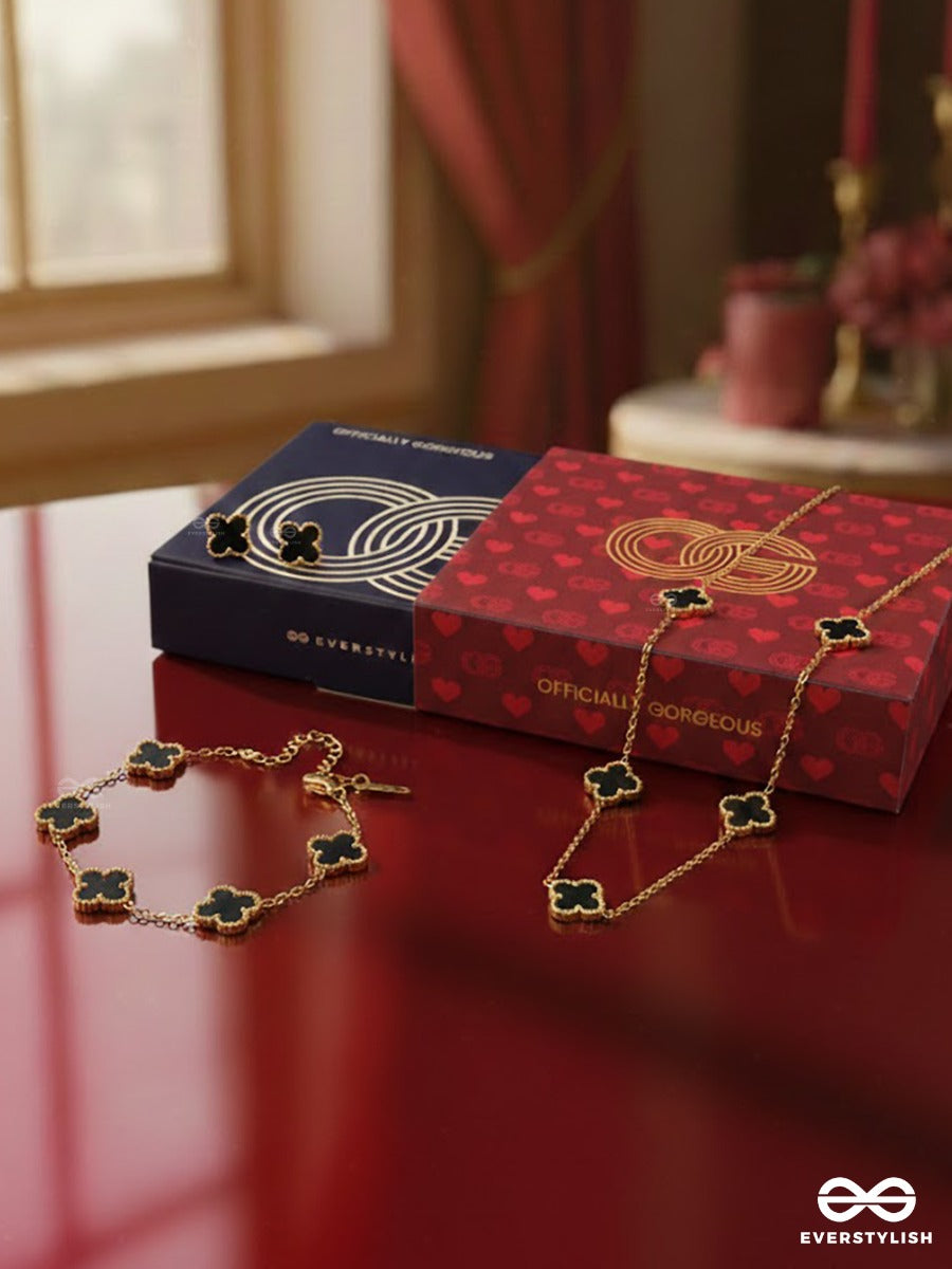 Officially Gorgeous - Midnight Bloom – Stainless Steel 18K Gold Plated Clover Jewellery Set