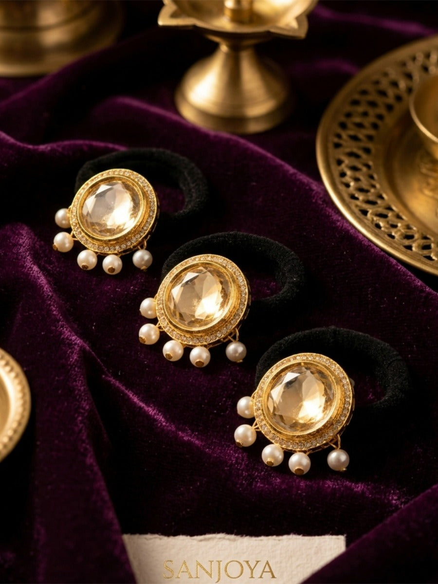 Darpani - Beautiful Reflection - Pack Of 3 Hair Accessories With Round Mirror Kundan Motifs, Pearl Drops And Ornate Golden Detailing
