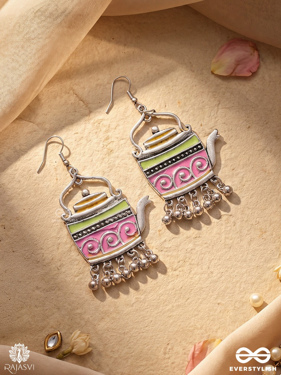 Chayamanjari – Oxidised Teapot Earrings With Multicolour Pastel Enamel And Ghungroo Drops