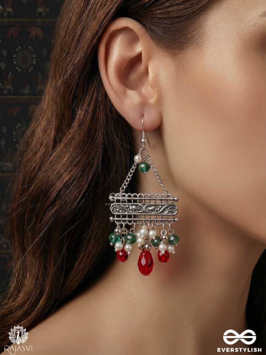 Manikhari – Oxidised Tribal Earrings With Green Stones, Pearls And Ruby Red Bead Drops