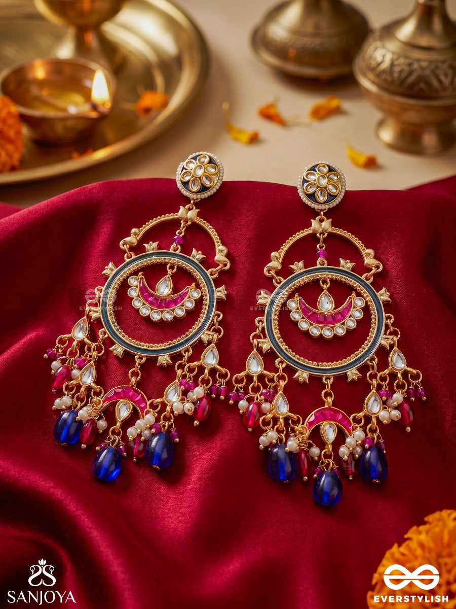 Priyamvada – Sweet-Spoken – Ornate Earrings With Circular Meenakari Frame, Pearl Accents And Cobalt Drop Beads