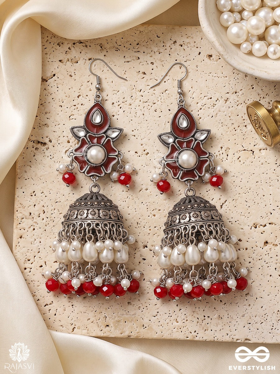 Manika – Oxidised Jhumka Earrings With Pearl Clusters And Red Bead Accents