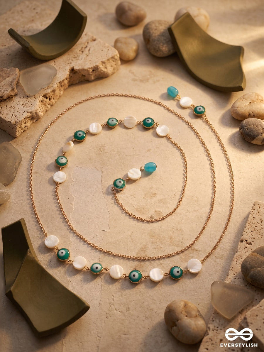Nazaria – Multiway Evil Eye Chain With Mother-Of-Pearl Beads And Turquoise Accents That Can Be Styled As Necklace; Scarf-Style Necklace; Waist Chain; Knot Necklace