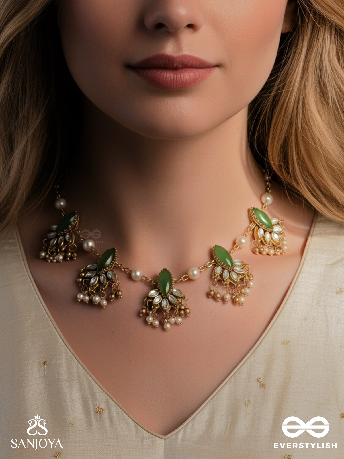 Kshamini - Graceful Lady- Slim Chain Design Kundan Neckpiece With Leaf Design