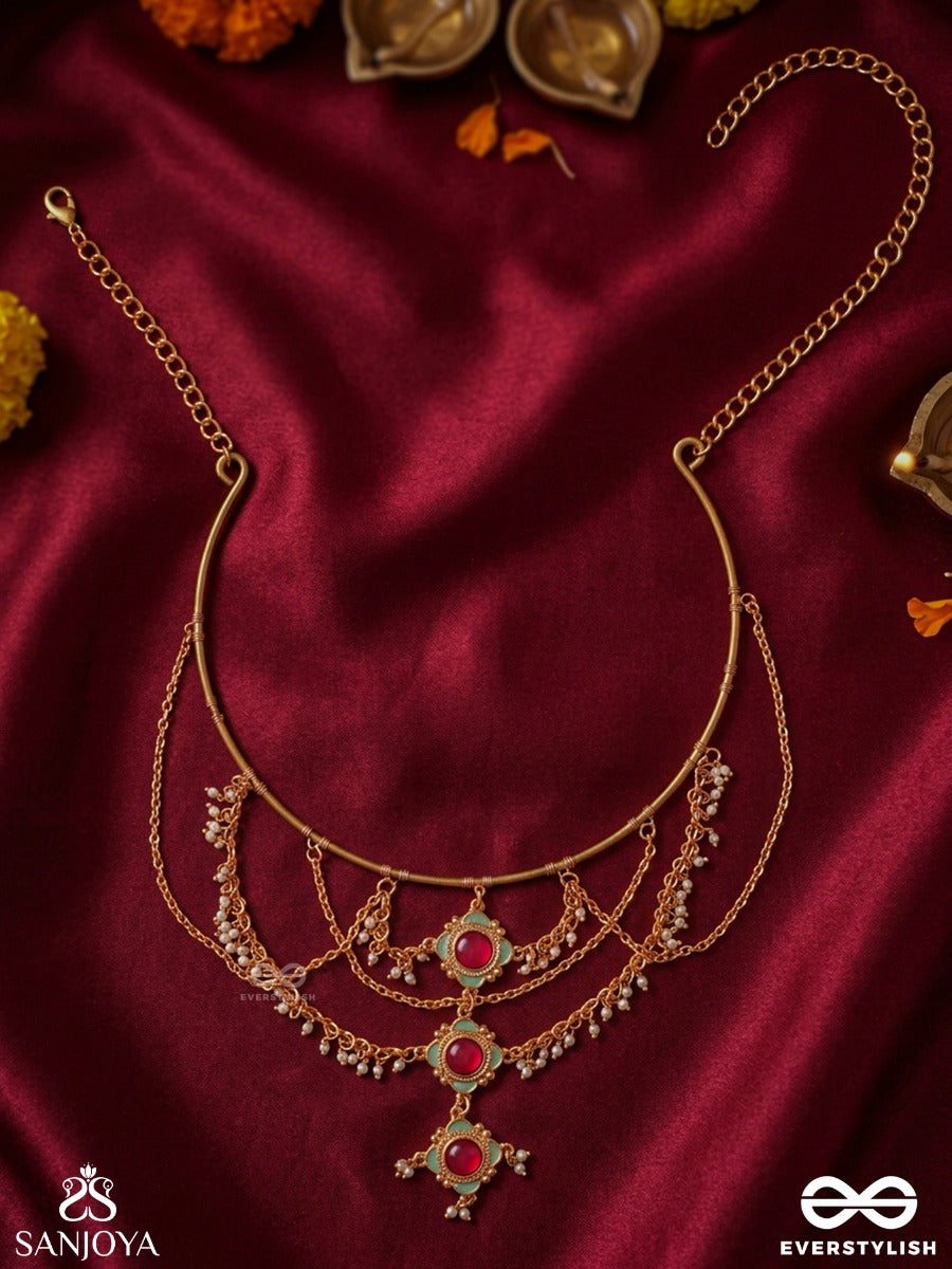 Rajeshwari – Royal Goddess – Heritage Hasli Necklace With Layered Chain Drapes, Ruby Floral Motifs And Pearl Accents