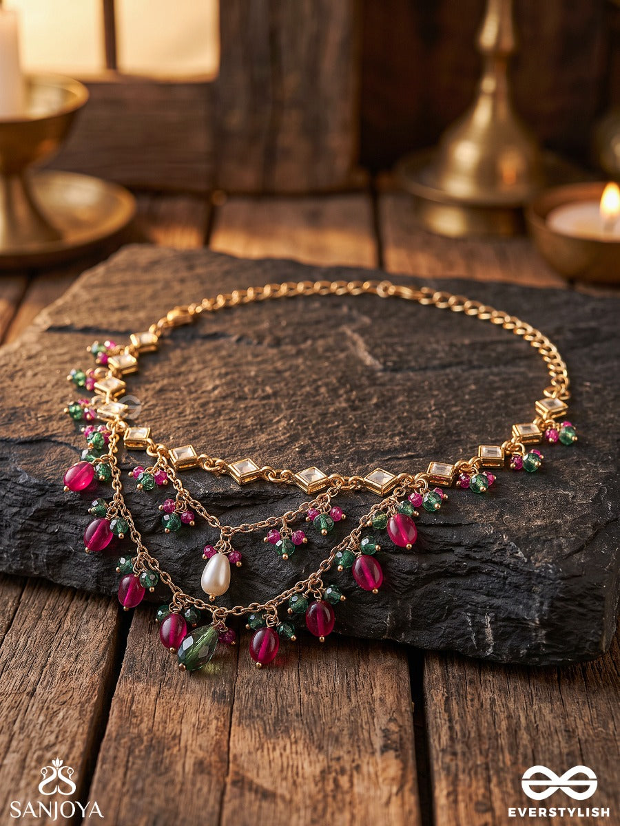 Kalyani – Auspicious One – Heritage Armlet (Single) With Kundan Linkwork, Layered Pearl Chains, Pink-Green Bead Drops And Golden Detailing