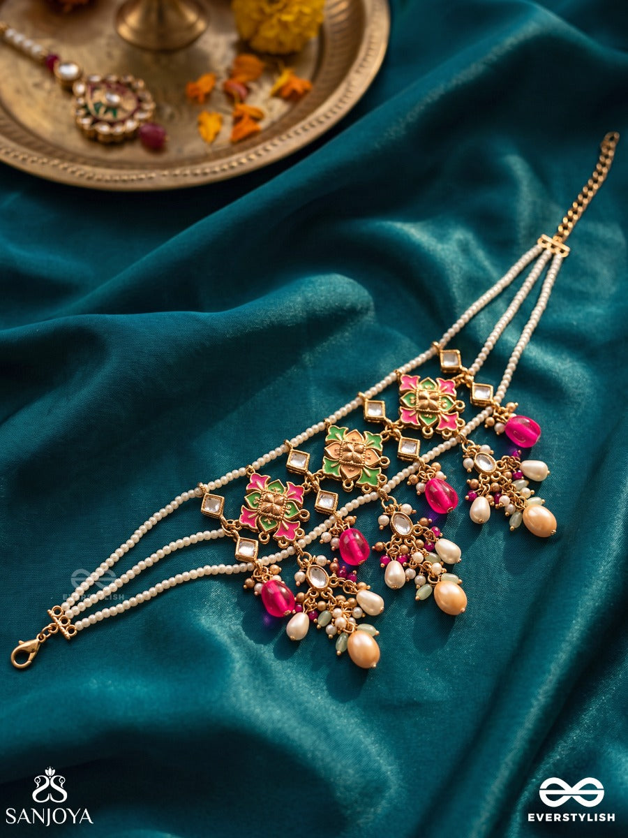 Vedhini – Sacred Adornment – Heritage Choker With Delicate Pearl Strands, Vibrant Pink Bead Drops, Green Accents And Golden Motifs
