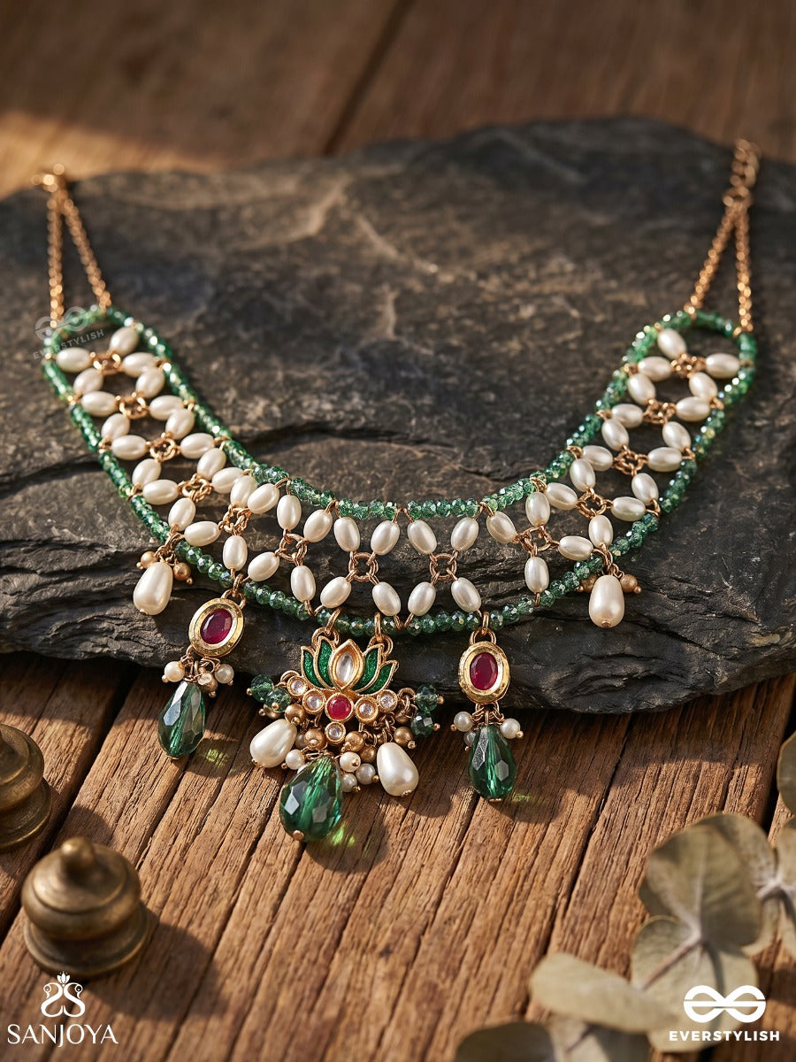 Kadambini – Cluster Of Blooms – Heritage Choker With Mother-Of-Pearl Floral Links, Kundan Details, Emerald Drops And Pearl Charms
