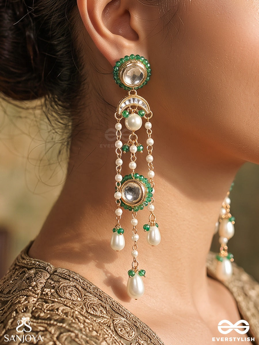 Phiroza – Precious Gem – Long Earrings With Green Gem Borders, Circular Kundan Motifs, Pearl Chains And Cascading Drops