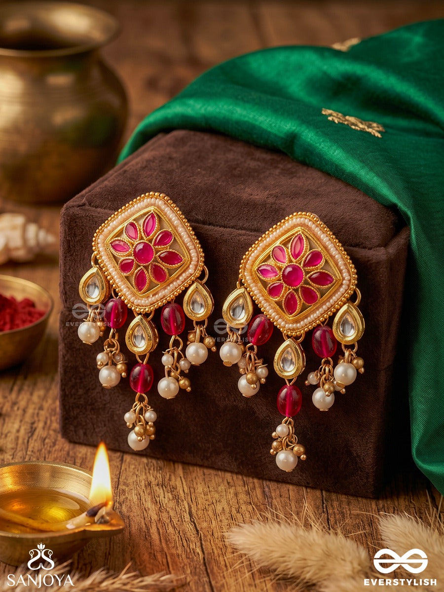 Kaushiki – Goddess Durga – Ornate Earrings With Pink Floral Kundan Motifs, Pearl Clusters And Ruby-Toned Drops