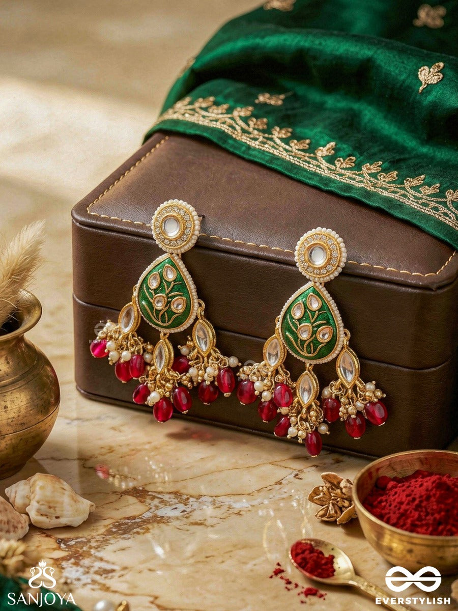 Sindurya - Scarlet Rays- Grand Crescent Enamel Kundan Earrings With Pearls And Beads