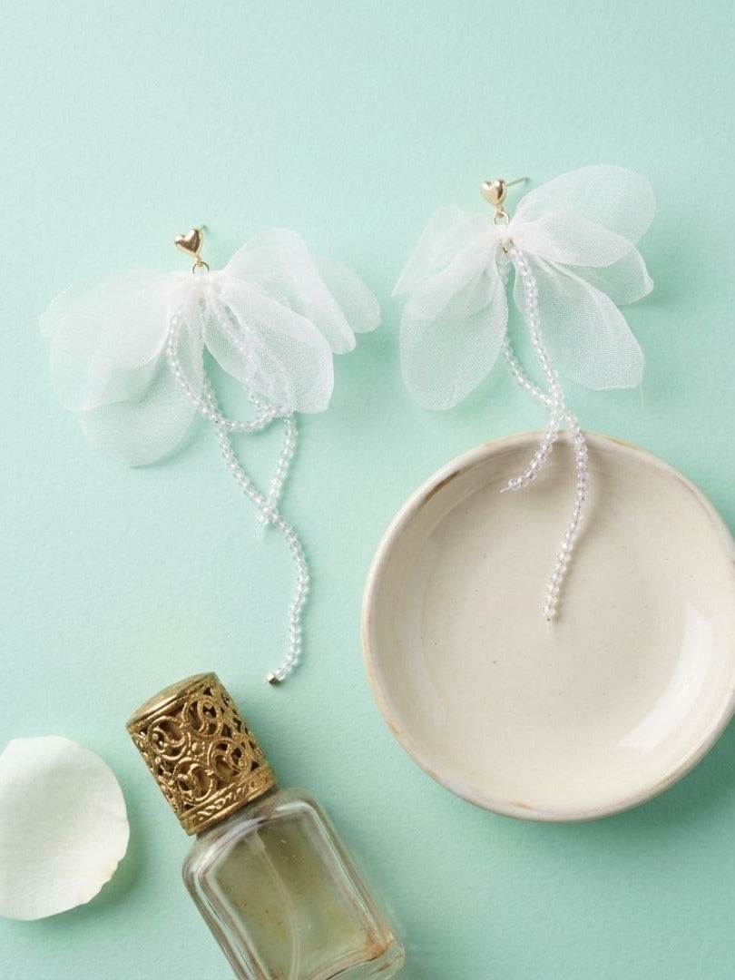 Milky Bloom - White Organza Petal Earrings With Beaded Details