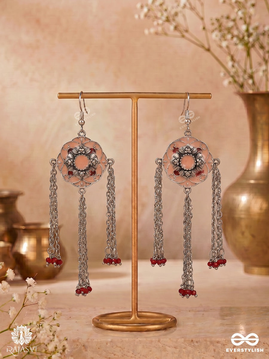 Arunima – Peach Enamel Floral Oxidised Earrings With Chain Tassels And Red Bead Accents