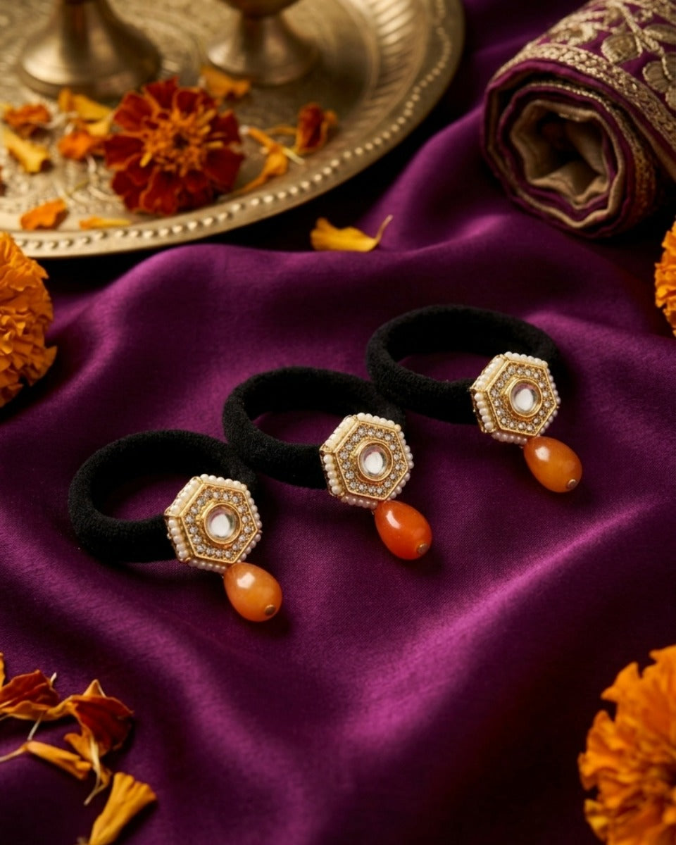 Konika - Little Corner Of Light - Pack Of 3 Hair Accessories With Round Mirror Motifs, Pearl Edging, Golden Details And Orange Bead Drops