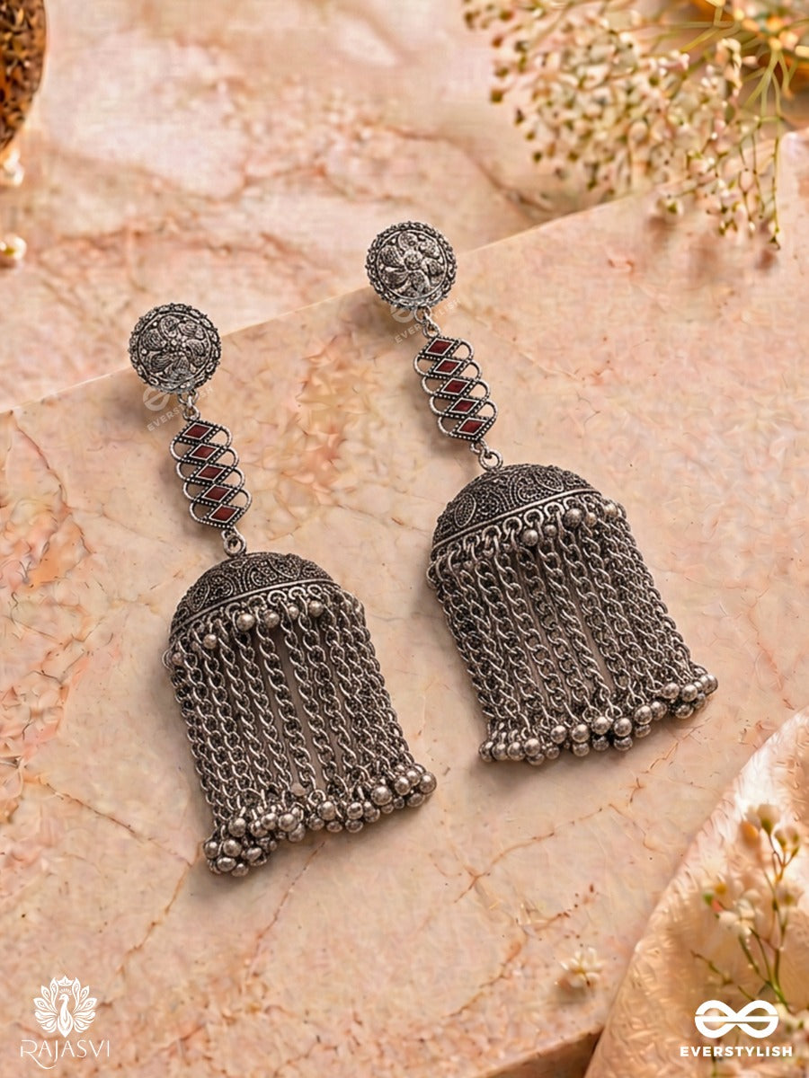 Shilpaakar – Oxidised Filigree Dome Earrings With Chain Tassels And Maroon Stone Detail