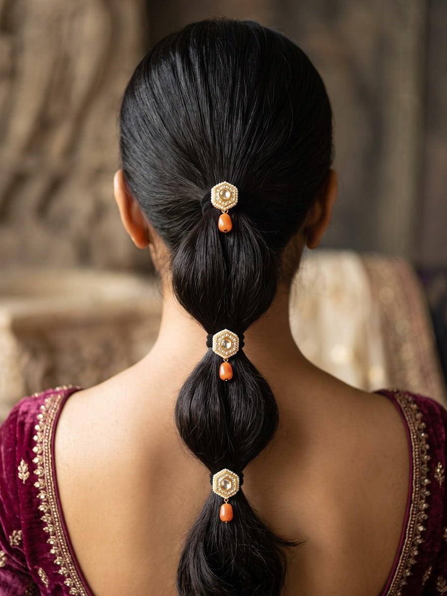 Konika - Little Corner Of Light - Pack Of 3 Hair Accessories With Round Mirror Motifs, Pearl Edging, Golden Details And Orange Bead Drops