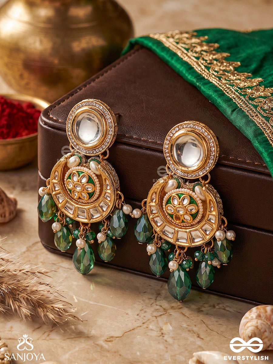 Harinika – Emerald Grace – Heritage Earrings With Mirror Kundan Motifs, Floral Enamel Details, Emerald Teardrop Danglers, Pearl Accents And Delicate Golden Filigree