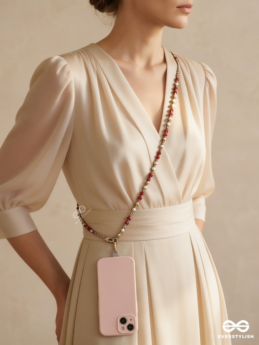 Regal Twine – Gold Chain Phone Sling With Red Crystal Beads And Pearl Accents