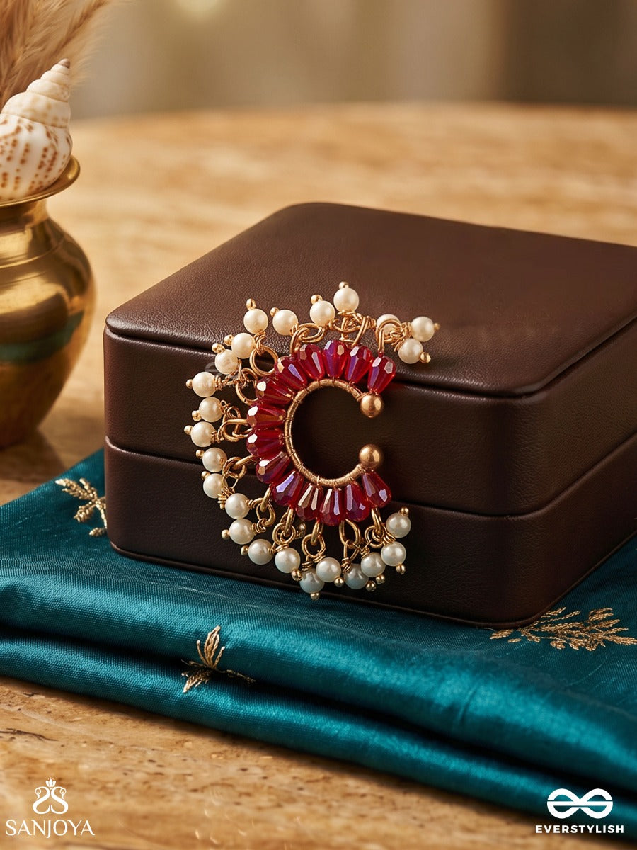 Manikpankhi – Ruby Petals – Ornate Single Earcuff With Deep Pink Stone Arc, Pearl Cluster Detailing And Gold-Tone Dangling Accents