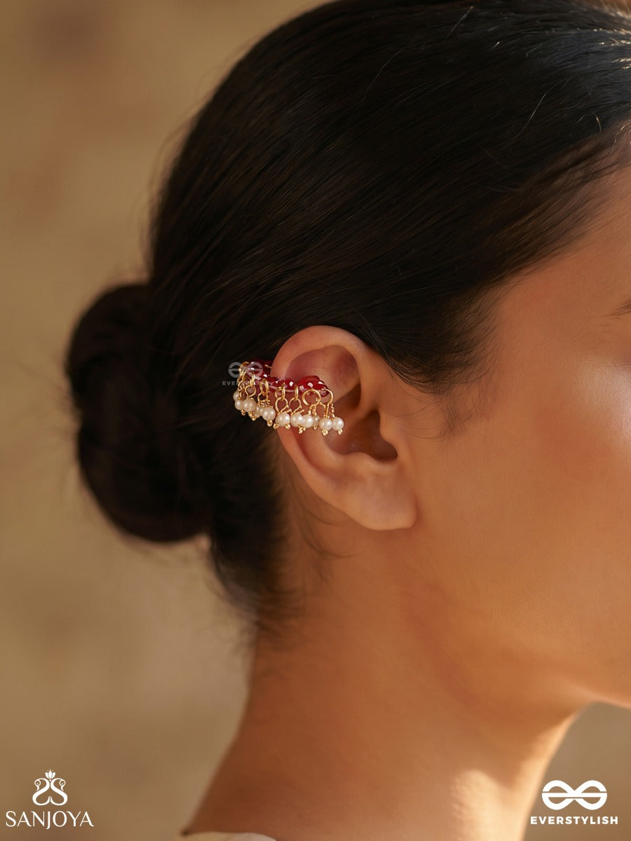 Manikpankhi – Ruby Petals – Ornate Single Earcuff With Deep Pink Stone Arc, Pearl Cluster Detailing And Gold-Tone Dangling Accents