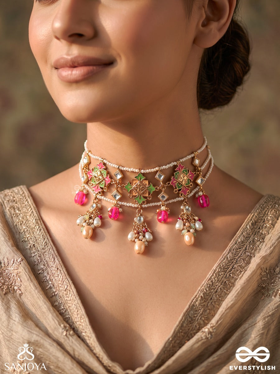 Vedhini – Sacred Adornment – Heritage Choker With Delicate Pearl Strands, Vibrant Pink Bead Drops, Green Accents And Golden Motifs