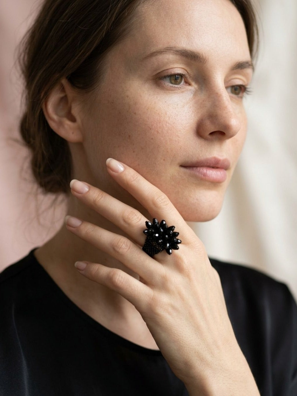 Dark Dahlia - Black Beaded Floral Statement Ring