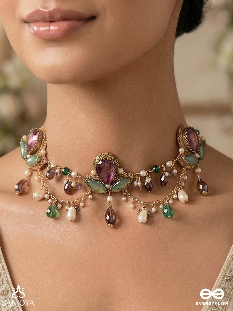 Aabharan - The Royal Ornament - Stones, Beads, Glass And Pearl Drop Embroidered Neckpiece With Anti-Tarnish Coating