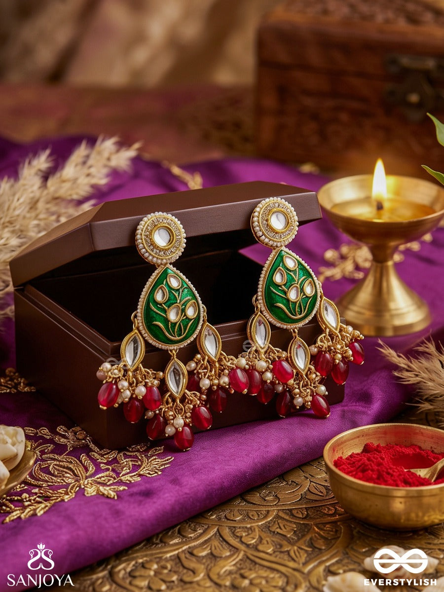 Sindurya - Scarlet Rays- Grand Crescent Enamel Kundan Earrings With Pearls And Beads