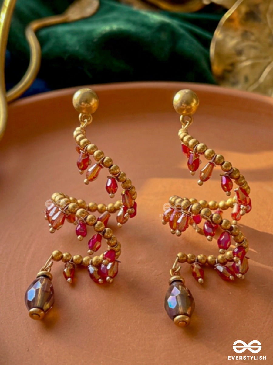 Garnet Whisper – Spiral Earring With Crimson Crystals And Golden Pearl Accents