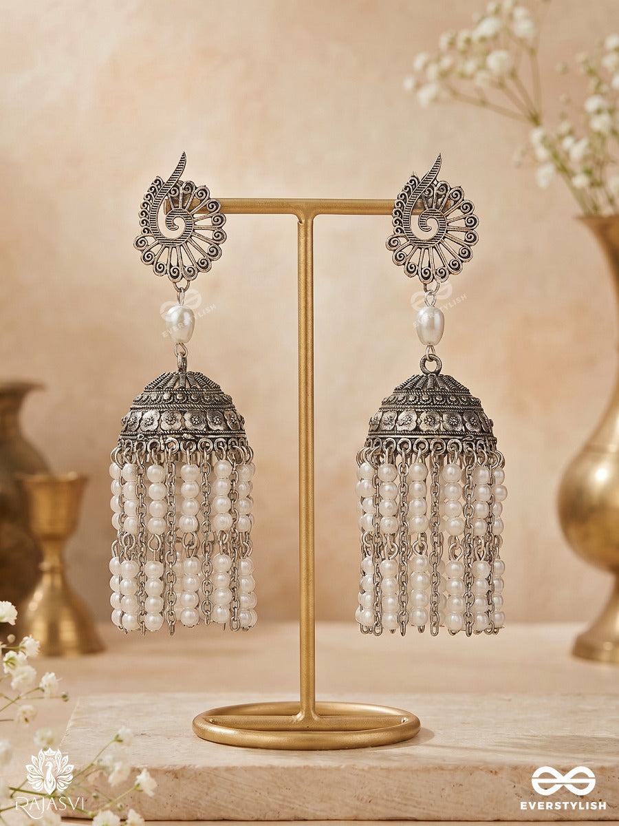 Shashilekha – Oxidised Jhumka Earrings With Pearl Tassels, Floral Studs And Engraved Dome