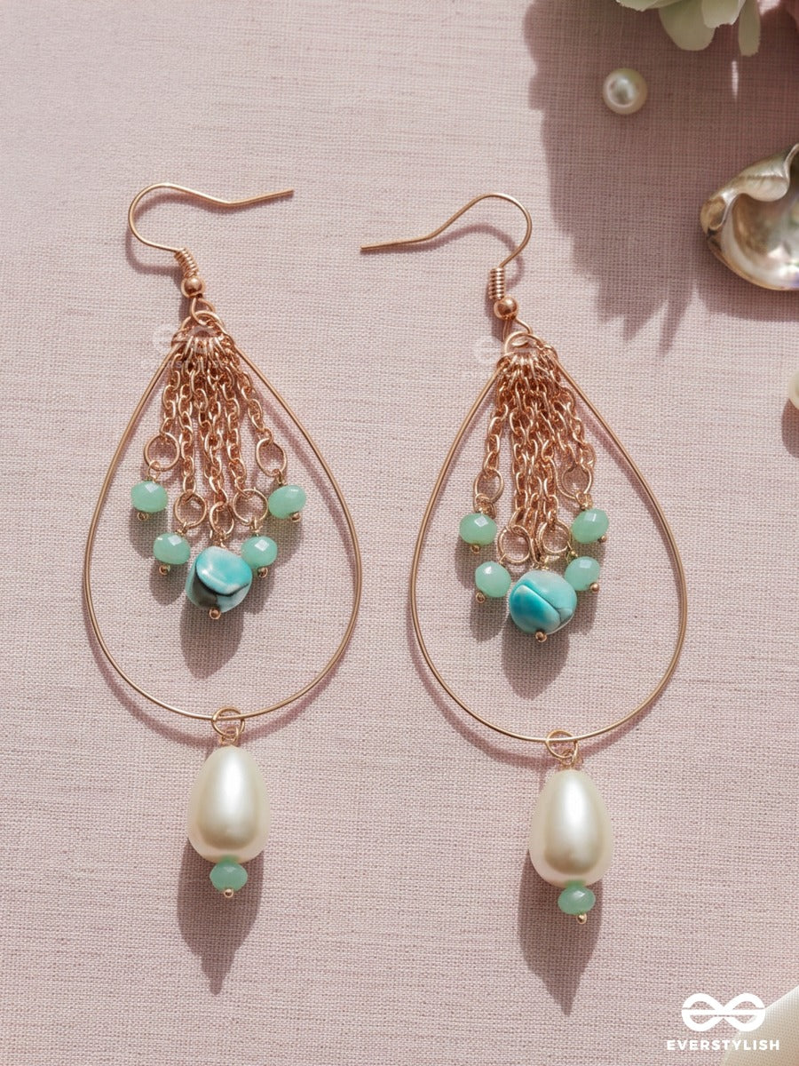 Mint Droplet – Gold Teardrop Earrings With Baroque Pearl, Chain Tassels And Turquoise Beads