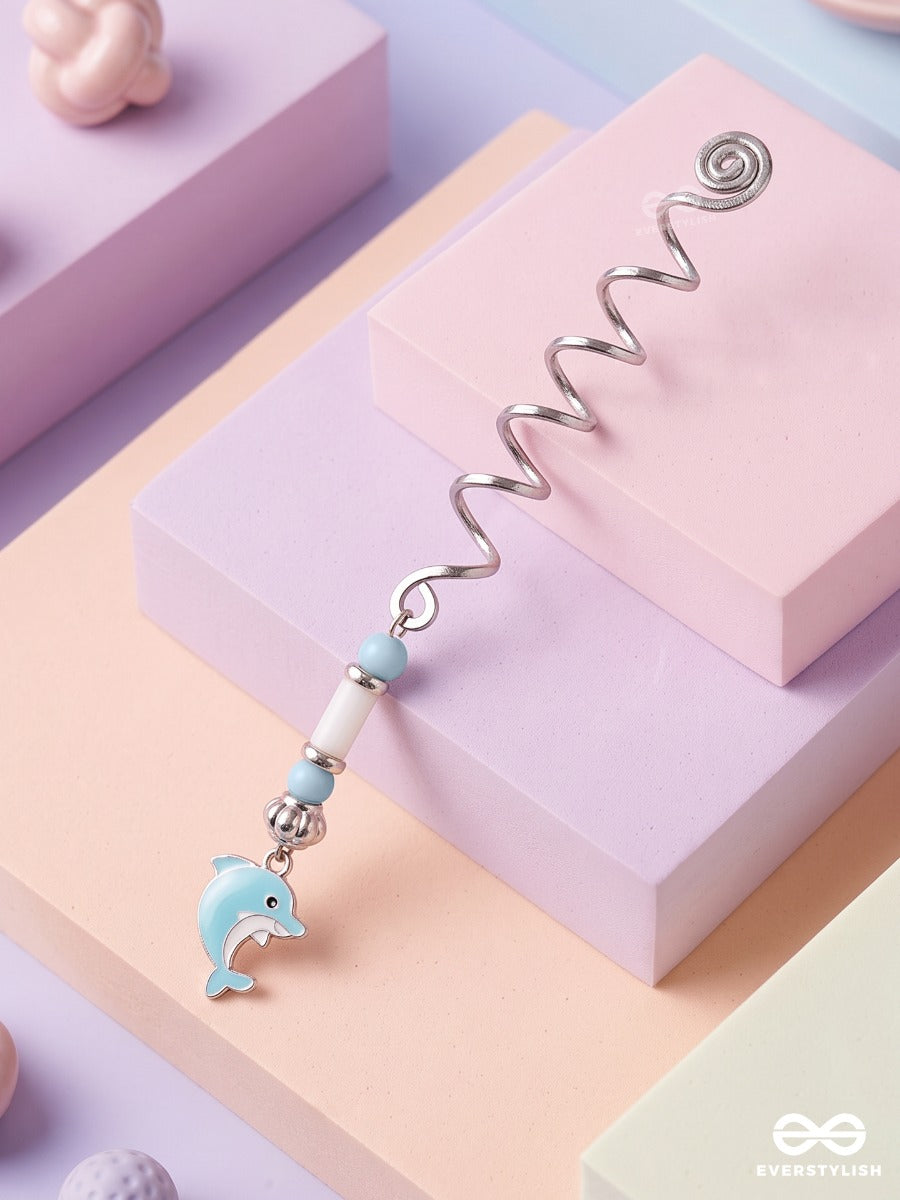 Ocean Hop – Silver Spiral Braidlet With Aqua Beads And Dolphin Charm
