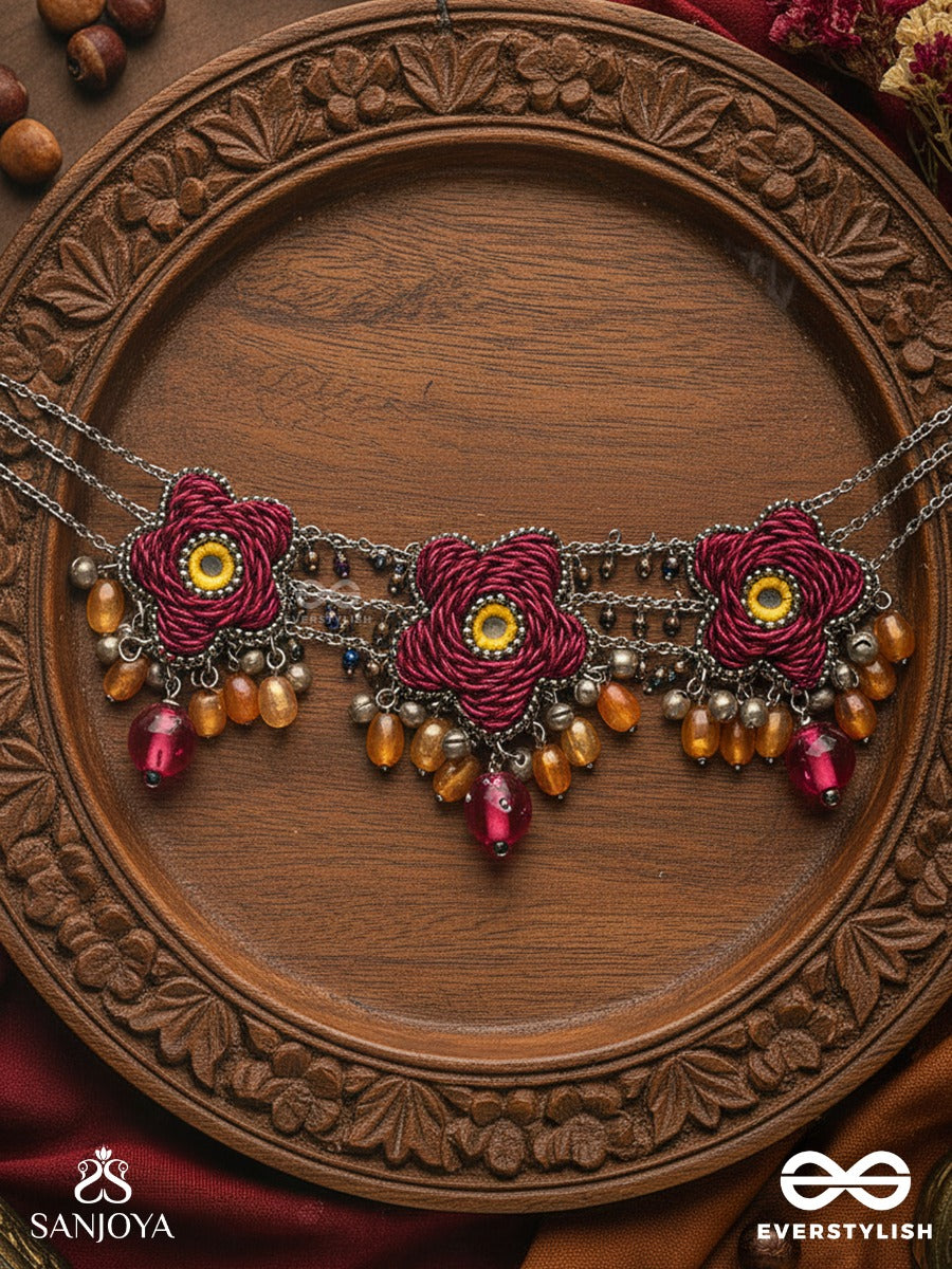 Sumanas - The Burgundy Flowers - Mirror, Resham, Dabka And Glass Drops Hand Embroidered Oxidised Choker Neckpiece