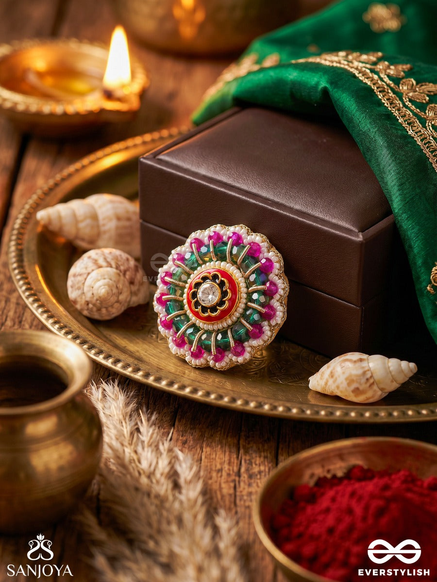 Taarkamal – Celestial Lotus – Floral Statement Ring With Pearl Borders, Multi-Colour Beadwork And Kundan Centre