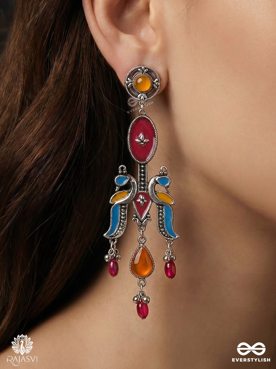 Morlekhika – Oxidised Peacock Earrings With Multicolour Enamel, Teardrop Stones And Ghungroo Drops
