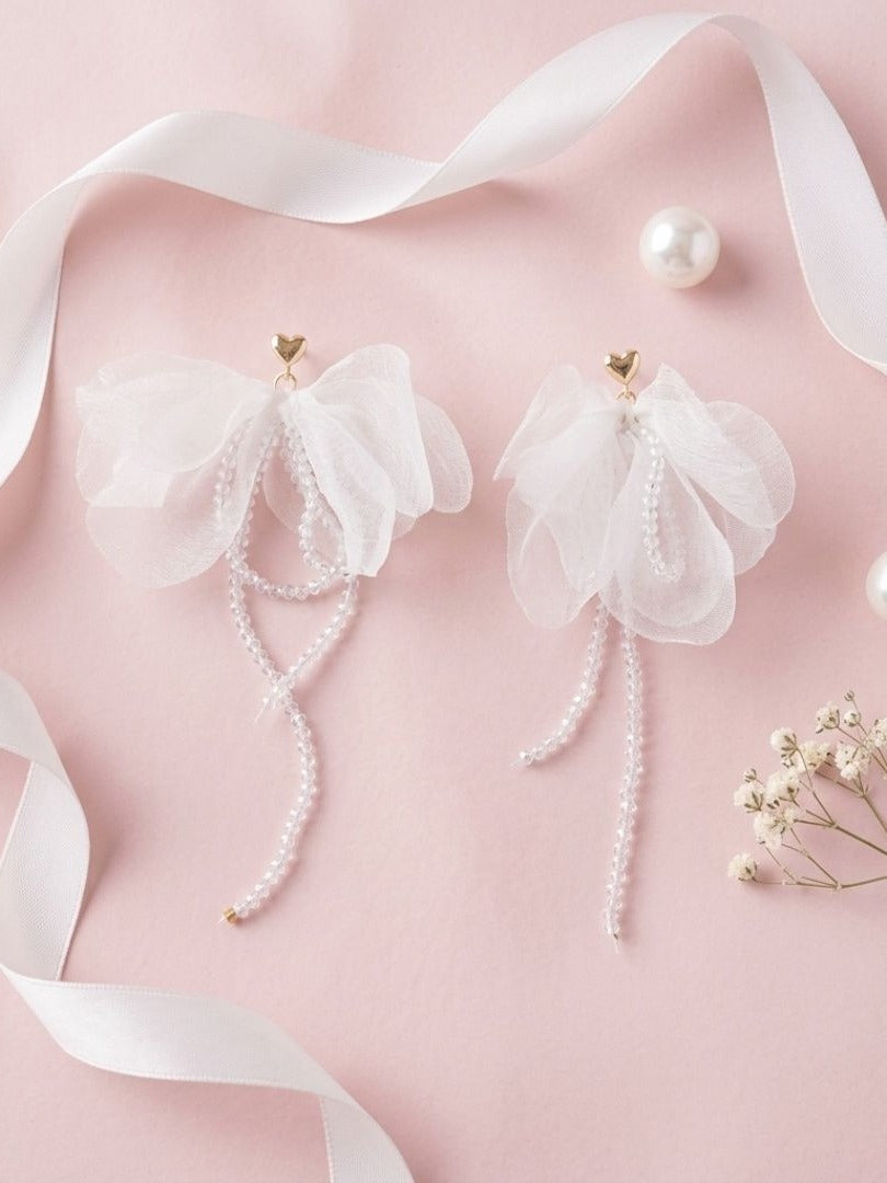 Milky Bloom - White Organza Petal Earrings With Beaded Details