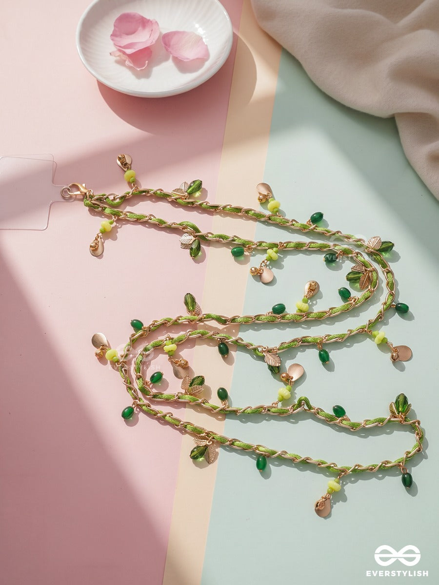 Emerald Vine – Braided Phone Sling With Leaf Charms, Green Beads And Pearl Drops