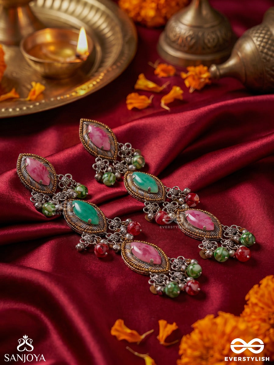 Jashodhara – Holder Of Glory – Heritage Earrings With Pink And Green Marquise Stones, Oxidised Ghungroos And Multicolour Bead Drops