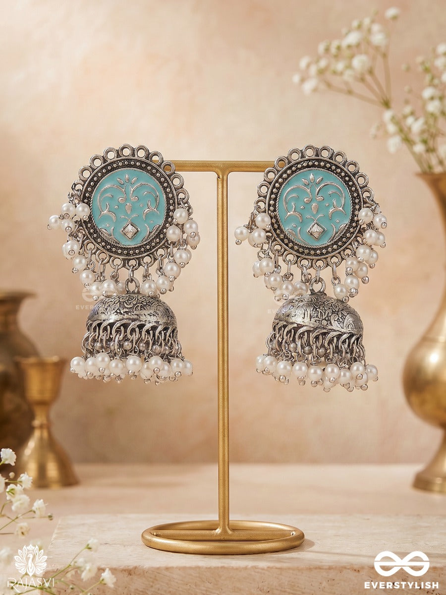 Neeltarangini – Oxidised Jhumka Earrings With Turquoise Enamel Medallions, Pearl Clusters And Filigree Domes