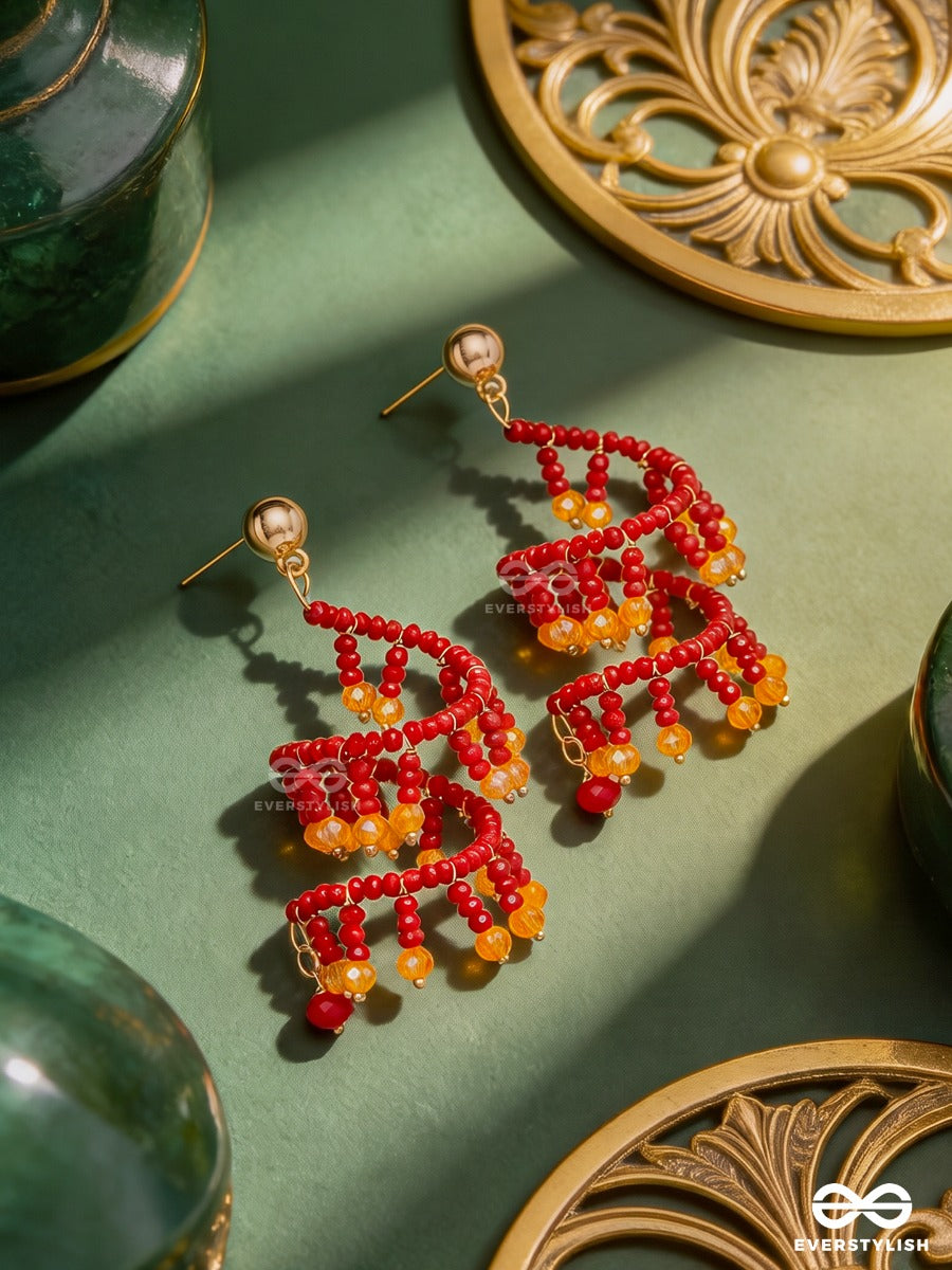 Fire Twist – Red Crystal Spiral Earring With Amber Drops