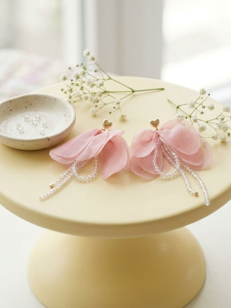 Pink Cloud - Blush Pink Floral Earrings With Beaded Details