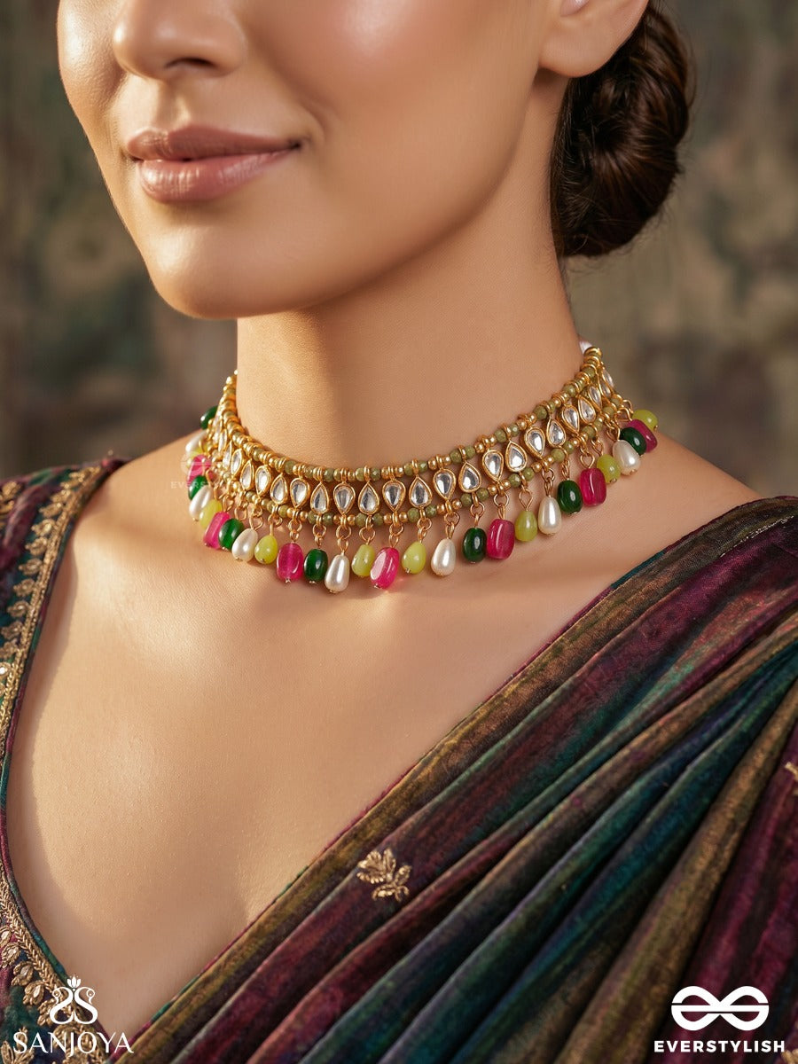 Manikvalli – Jewelled Creeper – Ornate Choker With Gold-Tone Panel Detailing, Pink-Green Bead Danglers And Delicate Hanging Accents
