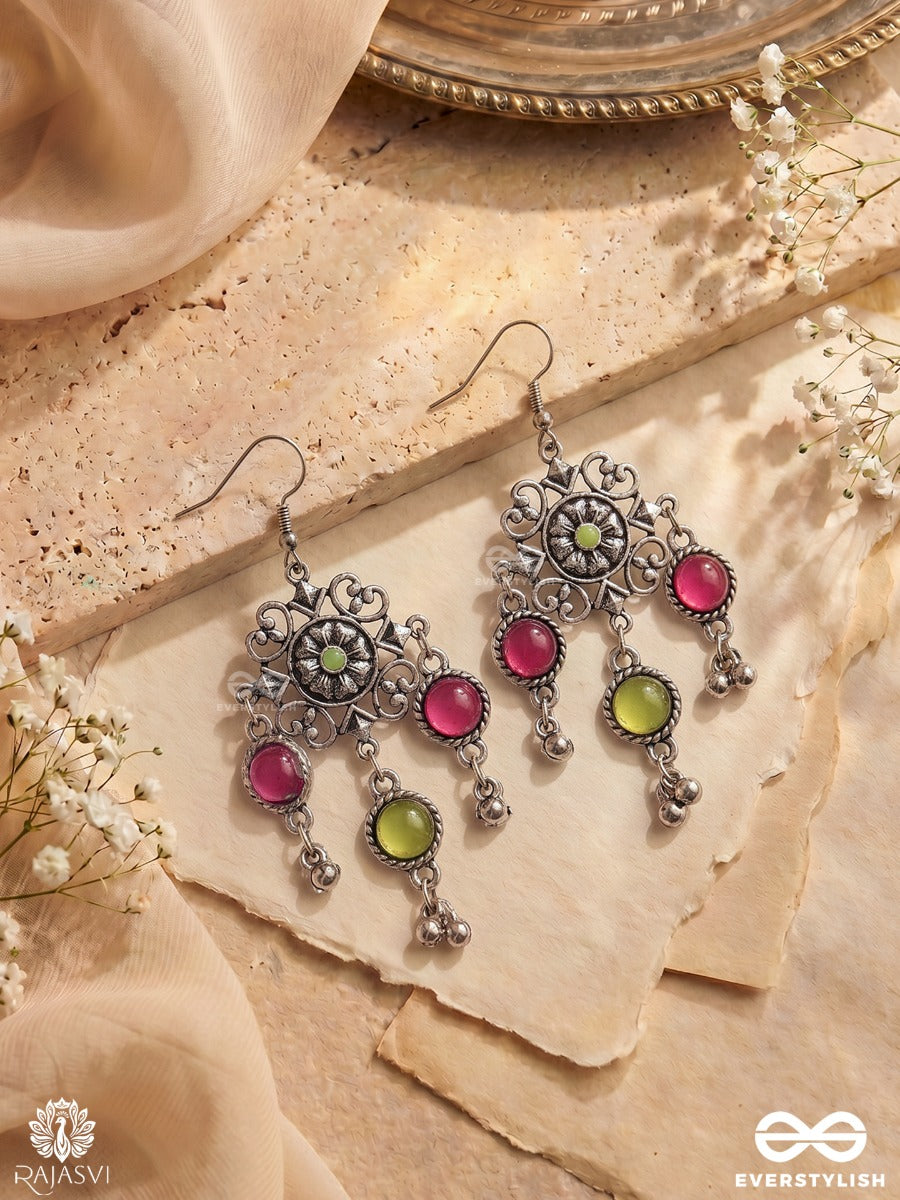 Madhuvarni – Oxidised Floral Heritage Earrings With Fuchsia And Lime Stones, Finished With Ghungroo Drops