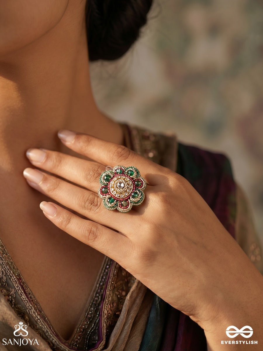 Ruhanshi – Soulful Beauty – Ornate Ring With Kundan Centrepiece And Colourful Floral Accents